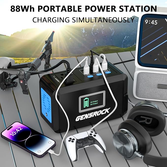 GENSROCK Portable Power Station, 88Wh Camping Solar Generator, Lithium Battery Power Bank with 2 110V/150W Peak AC Outlet, QC 3.0, Type-C, LED Flashlight for CPAP Home Camping Travel Emergency.