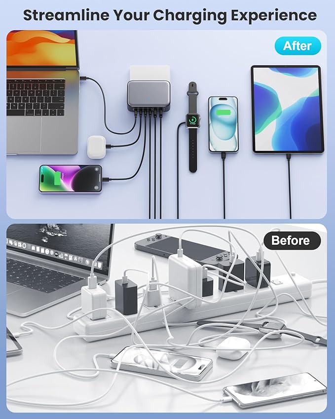 USB C Charger Block 200W with Wall Plug,6 Ports GaN IV Charging Station Hub,QC4.0+PD 65W USB C Laptop Charger Adapter Compatible with MacBook Air/Pro,DELL,iPhone 16/15/14,iPad,Steam Deck,Galaxy-Black