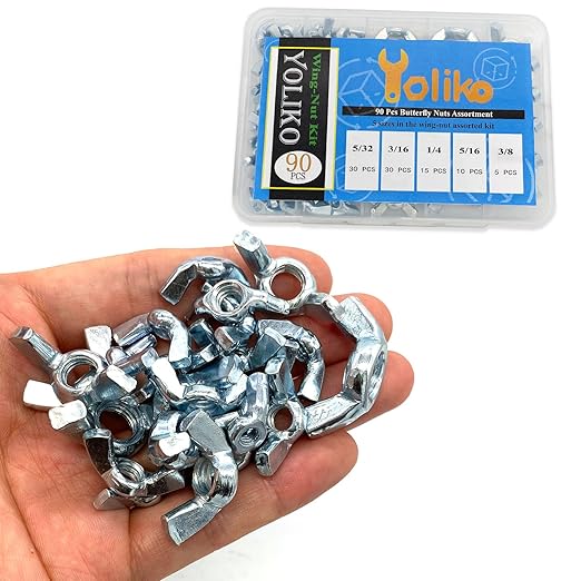 90 Pcs 5 Sizes 5/32",3/16",1/4",5/16",3/8" Wingnuts, Quality Carbon Steel Wing Nuts Zinc Plated Fasteners Parts Butterfly Nut, Hand Twist Tighten Hardware Nuts Butterfly Wing-Nut Assorted Kit