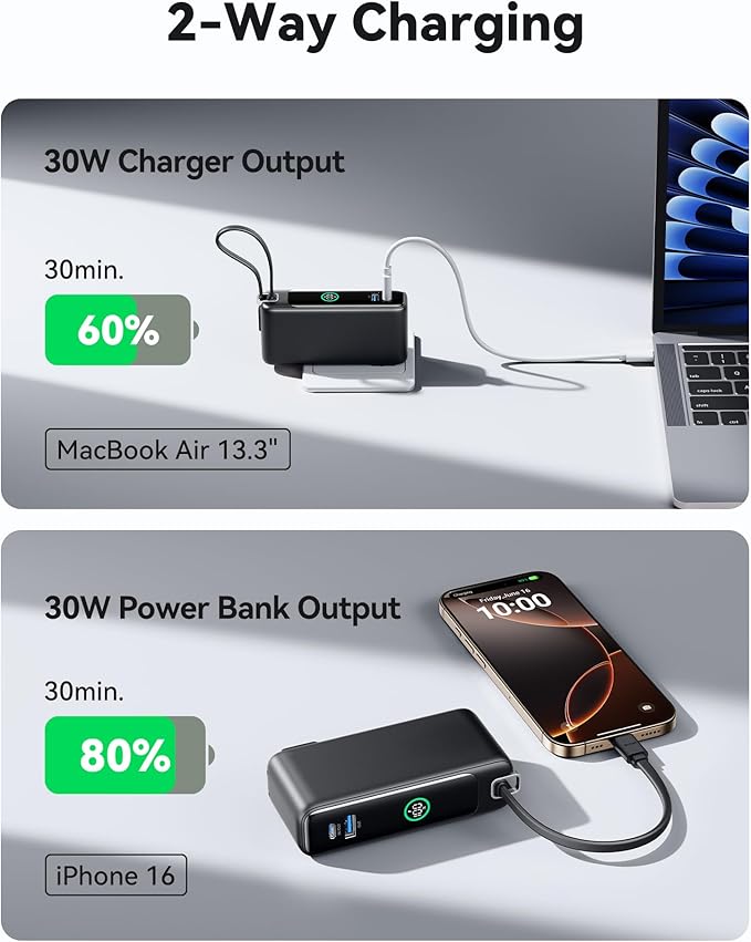 INIU 3-in-1 Portable Charger, Small 10000mah 30W Fast Charging Power Bank with Built-in USB C Cable and Foldable AC Plug, Flight Cruise Ship Travel Phone Charger for College Students Boys Girls, Pink