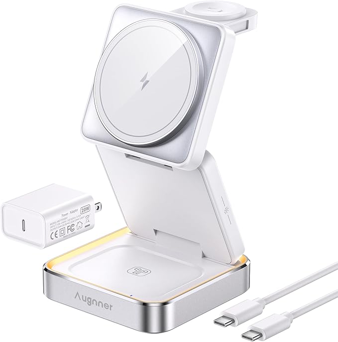 【2025 Upgraded】 Wireless Charger 3 in 1, Foldable Wireless Charging Station with Light for Apple MagSafe Charger, Travel Magnetic Charger for iPhone 16/15/14/13/12 Apple Watch AirPods (20W Adapter)