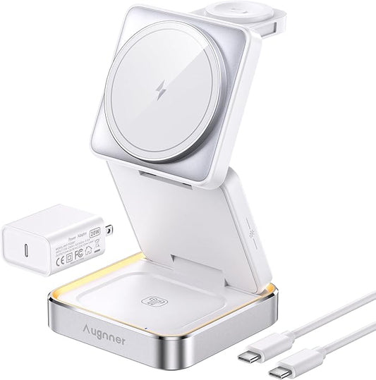 【2025 Upgraded】 Wireless Charger 3 in 1, Foldable Wireless Charging Station with Light for Apple MagSafe Charger, Travel Magnetic Charger for iPhone 16/15/14/13/12 Apple Watch AirPods (20W Adapter)