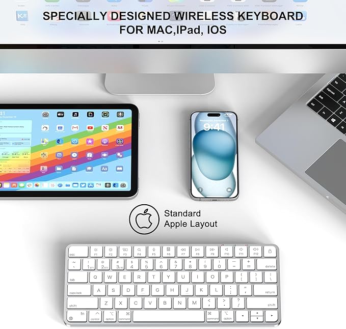 Wireless Keyboard for Mac, Bluetooth/2.4G USB Dual-Channel Connection, Multi Device, Rechargeable Bluetooth Keyboard Compatible with Mac, iPad, iPhone