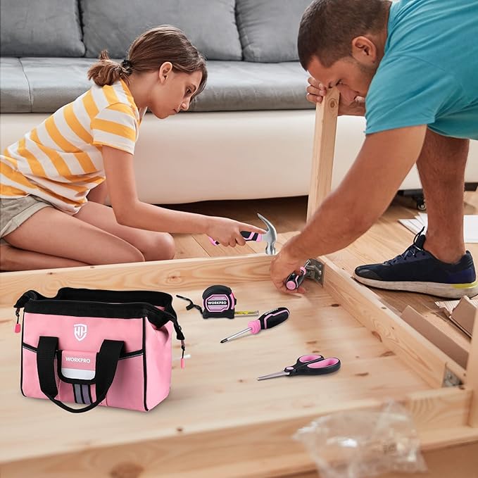 WORKPRO 9-Piece Kids Real Hand Tool Set, Pink Junior Tool Kit with Storage Bag for Boys, Girls, Children DIY Building and Woodworking, Age 8+