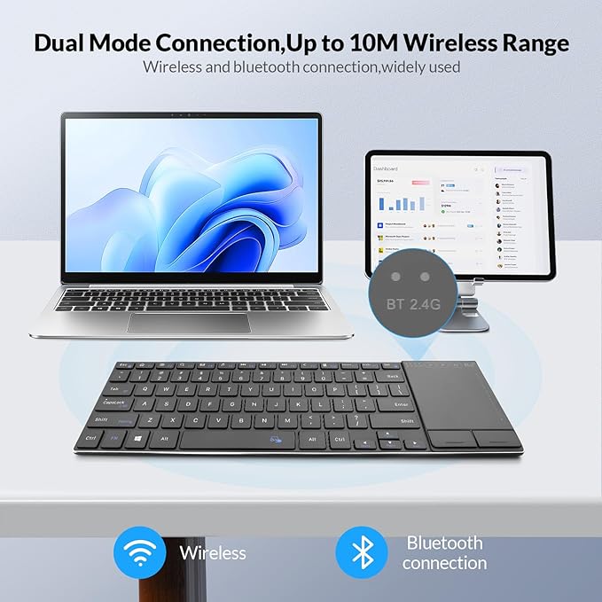 Rii 2.4G Wireless Keyboard,Bluetooth Keyboard(BT 5.1+2.4G),Aluminium Alloy Portable with Touchpad for Computer,PC,Tablet,iPad,Android TV Box,Smart TV,Windows,Mac (Black)