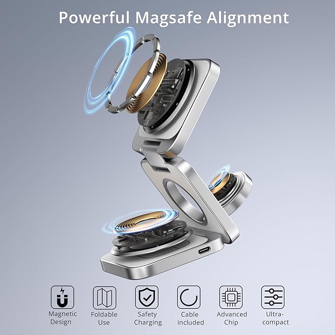 LULULOOK 3 in 1 Wireless Charger, Foldable Charging Station 15W Fast Mag-Safe Charger for Apple 15 14 13 12, 5W for Apple Watch, AirPods 3/2/Pro