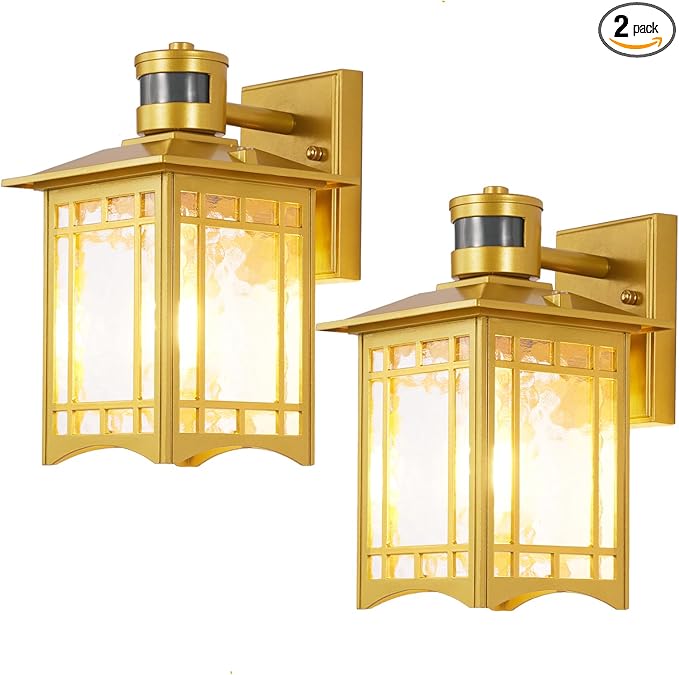 2 Pack Motion Sensor Outdoor Lights, Dusk to Dawn Lighting, LED Exterior Light Fixture, Anti-Rust Lantern for Front Porch, Waterproof Golden Outdoor Wall Sconce for House, Garage, Patio