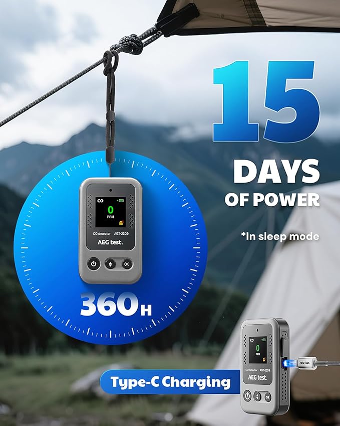 AGT-2309 Portable Carbon Monoxide Detector, 15-Day Standby, Rechargeable Mini CO Monitor with Lanyard for Travel & Camping, Handheld CO Meter with Audible & Visual Alerts, 0-1000ppm - Gray