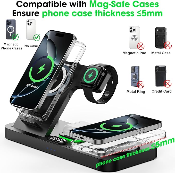 Dual Phone Wireless Charging Station for Apple Devices, Magnetic Charging Station for iPhone with Auto Switch 7-Color Light&Clock, Family Watch Charger for iPhone17 for iWatch10 for AirPods Pro3(Black