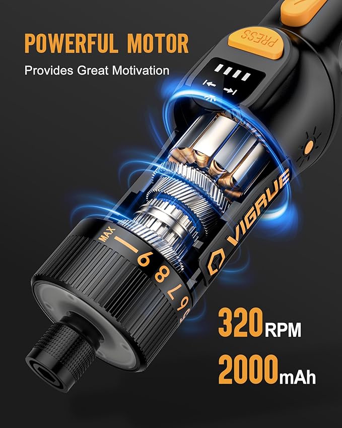 VIGRUE Cordless Screwdriver Set, 8V Max 10Nm Rechargeable Electric Screwdriver with 47 Accessories, 320RPM/10+1 Torque Setting power screwdriver kit, 2 Position Handle with LED Light