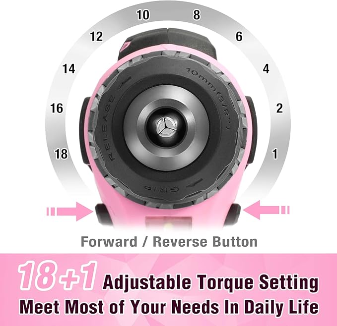 WORKPRO 20V Pink Cordless Drill Driver Set, 3/8” Keyless Chuck, 2.0 Ah Li-ion Battery, 1 Hour Fast Charger and 11-inch Storage Bag Included - Pink Ribbon