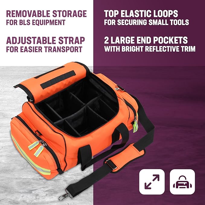 Kemp USA Maxi Trauma Bag - Large First Aid Kit for EMT First Responders - Water Resistant 600D Nylon - Buckle Closure with Adjustable Strap & Reflective Trim - Orange