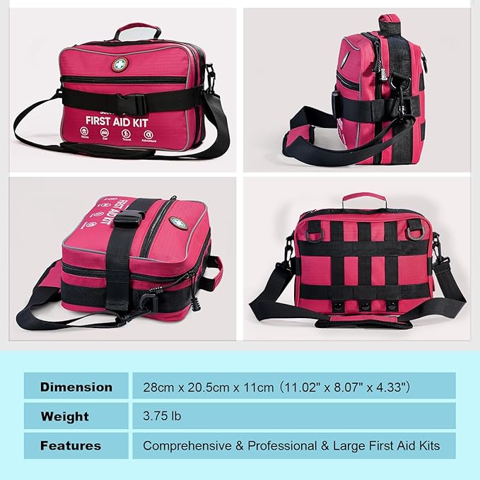 Professional 435 Pieces Large First Aid Kit - Includes Compressed Gauze - Compartments Emergency Medical Kit for Home, Camping, Backpacking, Travel, Boat, Car,Outdoors(Pink)