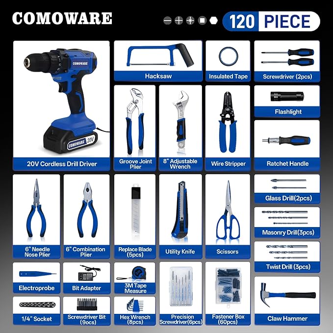 COMOWARE 120 Pcs Home Tool Kit with 20V Power Drill, Li-ion Battery & Charger - 25+1 Clutch Tool Set for Home, Garden & Office Repair - Blue Case