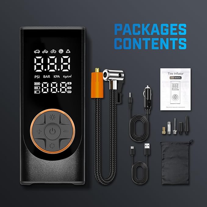 Tire Inflator Portable Air Compressor, 150PSI Cordless Air Pump for Car Tires, 4X Faster 12V DC Tire Pump with Tire Pressure Gauge, LED Light for Cars, Motorcycles, Bikes, Balls (Black)