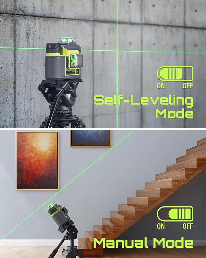 3D-RS12 Laser Level 3x360° Green Beam for Construction and Picture Hanging, Self-Leveling 3D Laser with 2 Rechargeable 11.1V Batteries (24 Hrs), Magnetic Liftable Stand, Type-C Cable