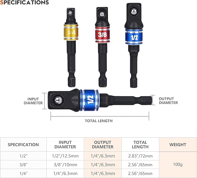 HOOOWOOO Right Angle Drill 105 Degree Right Angle Screwdriver set Drill Hex Bit Socket Adapter,3Pcs 1/4" 3/8" 1/2" Cr-V Hex Shank Impact Grade Driver Socket Adapter/Extension Set Drill Bit