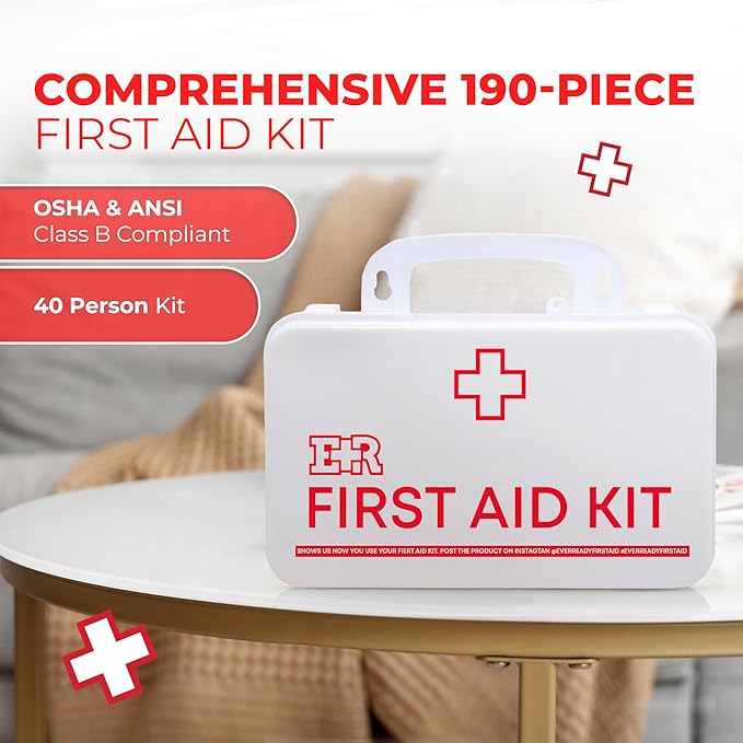 Class B OSHA ANSI Compliant First Aid Kit – Emergency Medical Supplies in Wall-Mountable Plastic Case for Workplace, Office, Home – 190 Piece
