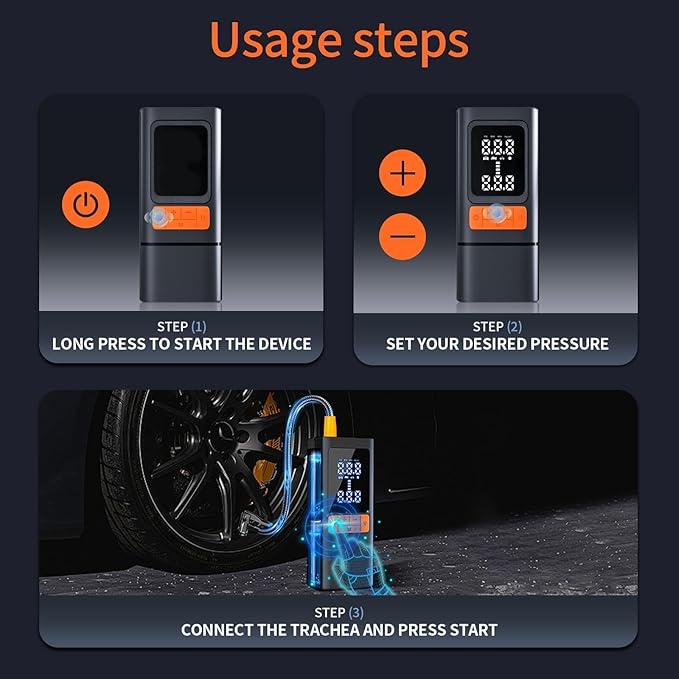 Tire Inflator, Portable Air Compressor for Car with Touch Screen, 150PSI Cordless, Fast Inflation (0-2.5BAR in 10min), Power Bank & LED Light, Auto Shut Off for Bike, Motorcycle, Ball