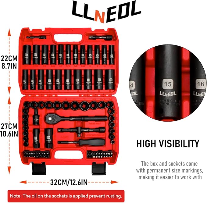 3/8" Drive Impact Socket Set 95Pcs, Spark Plug Socket (5/8", 13/16"), 6 Point Metric & SAE from 5/16"- 3/4", 8-22mm, CR-V Deep & Shallow Kit with Quick Release Ratchet (72-Tooth) for Home & DIY
