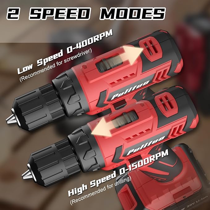 PULITUO Cordless Drill Set, 20V Electric Power Drill with Battery And Charger, 30N.m and 21+1 Torque, 2 Variable Speeds, with 59pcs Drill Driver Bits Kit, Screws Set,(Red)