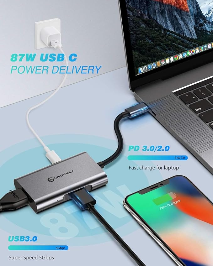 USB C to Dual HDMI Adapter, UtechSmart USB C Hub to HDMI,4 in 1 USB C Hub Multiport Adapter with 2 HDMI Ports 4K,USB 3.0, Power Delivery Type C Port Compatible for MacBook,Nintendo Switch,USB C Device