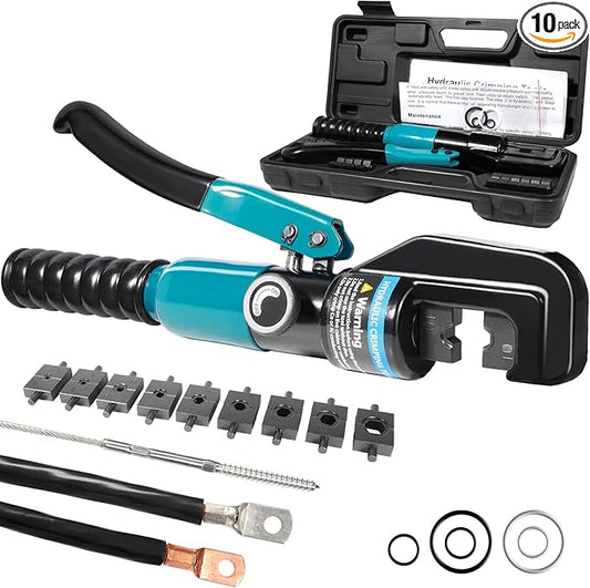 10 Tons Hydraulic Crimping Tool with 9 Dies - Battery Cable Crimper Tool & Wire Rope Crimping Tool for 12 to 2/0 AWG, 1/16" 1/8" 3/16" Stainless Steel Cable Railing Tool