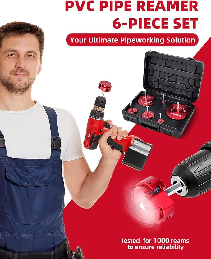 6PCS PVC Pipe Reamer Kit, Plastic Pipe Fitting Reamer Tool, Fit into Standard 1/2" Drills, PVC Fitting Saver for SCH40 PVC CPVC ABS Pipe (3/4'', 1'', 1-1/2'', 2'', 3'', 4'')