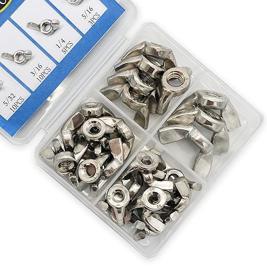 28 Pcs 4 Sizes 5/16",1/4",3/16"(10#), 5/32"(#8) Wingnuts, 304 Stainless Steel Wing Nuts Fasteners Parts Butterfly Nut, Hand Twist Tighten Hardware Nuts Butterfly Wing-Nut Assorted Kit