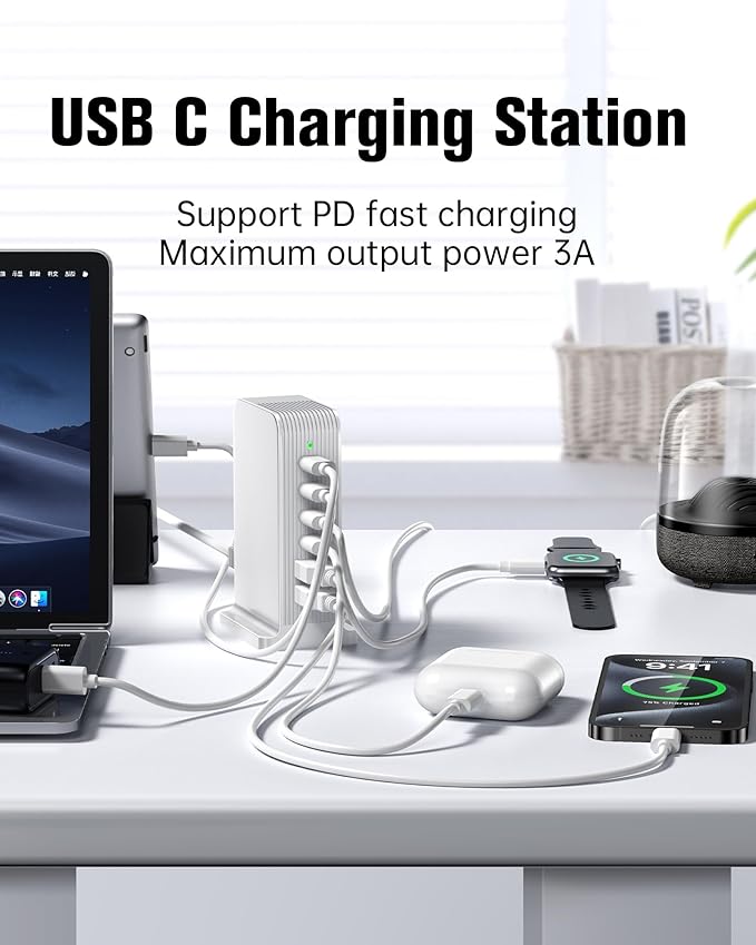 USB C Charger -USB Charging Station, Multiport USB Charging Station, 6 Port USB Hub Charger Tower for iPhone 15/14/13/12, iPad, Samsung Galaxy, Google Pixel,HTC, and Multiple Devices (White)