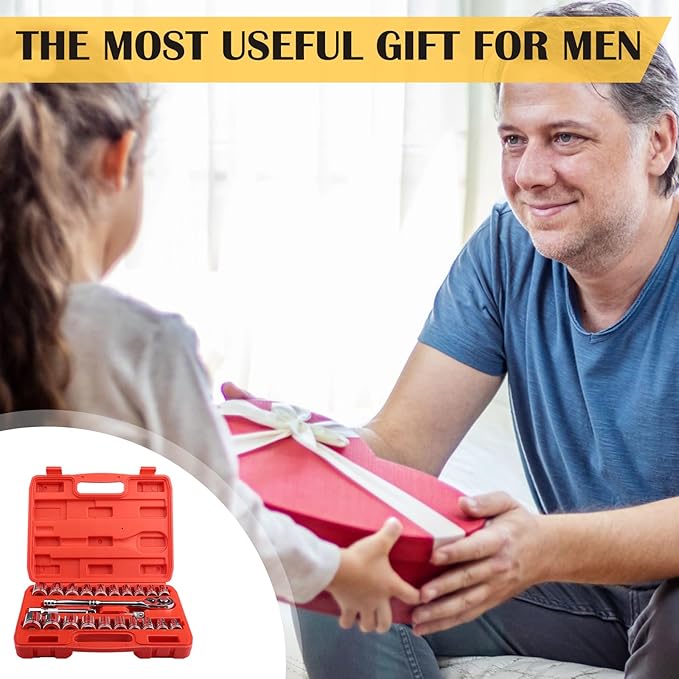 Egofine 1/2" Drive Socket Set, 23 Piece Standard SAE (7/16 to 1 inch) and Metric (13-19, 21, 22, 24mm) 6 Point, with Quick Release Ratchet, Extension Bars, Drive Drill Adapter