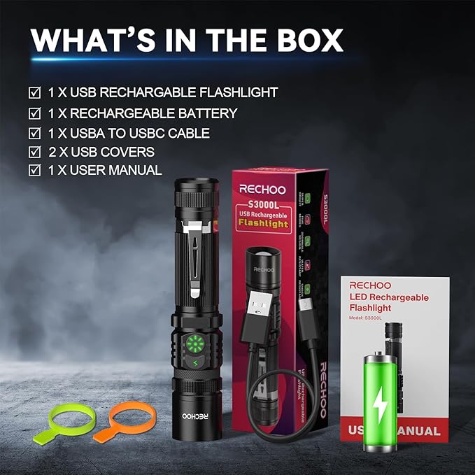 RECHOO Rechargeable Flashlights High Lumens, Double Switch S3000L LED Flashlight, Super Bright 5 Modes Zoomable Waterproof EDC Flashlights for Home, Emergncies, Camping(Battery Included)