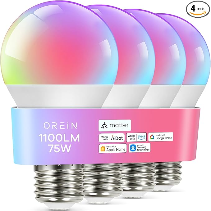 OREiN Matter Smart Light Bulb, 1100 Lumens 75W Equivalent Smart Light Bulbs, Color Changing Light Bulbs Work with Apple Home, Alexa, Google Home, SmartThings, A19 Smart Bulbs 2.4Ghz WiFi, 4Pack