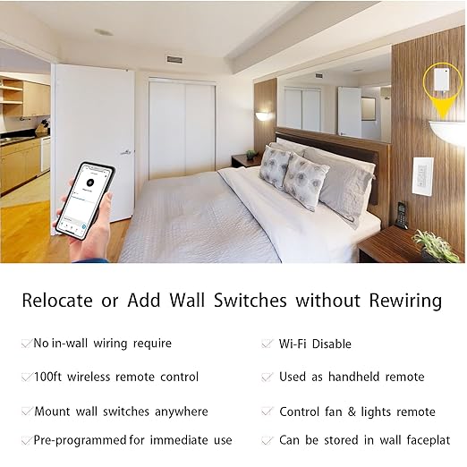 Wireless Light Switch, Remote Light Switch Compatible with Alexa, Smart Wireless Dimmer Switch and Receiver, Wall Lighting Fixture for Ceiling Lights, Fans, Lamps