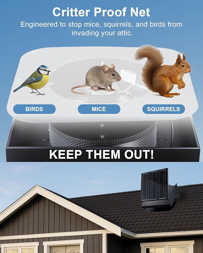 GROWNEER 40W 14" Solar Attic Fan with Smart Thermostat, 2000CFM Solar Powered Attic Fan 24/7 Worktime, Cools up to 2000 Sq.Ft, Waterproof Solar Roof Vent for Attics, Sunrooms, Warehouses, Factories