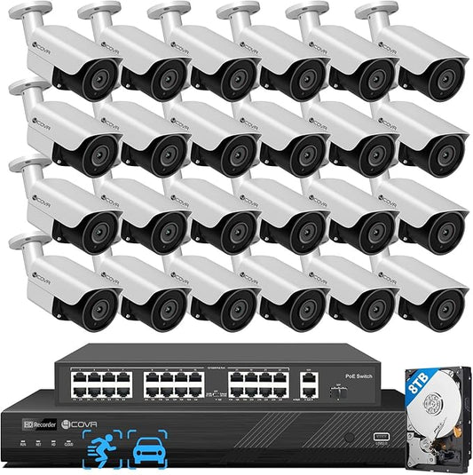 4COVR 4K PoE 32 Channel Security Camera System, AI Person/Vehicle Detection, H.265 UHD NVR 8TB HDD, 24X 8MP Commercial Bullet IP Camera IP67 Night Vision, Business Surveillance Outdoor, LY37EX8M3224