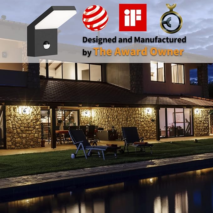 Wall Light Outdoor LED Mount Lamp Wall Sconce Lighting with Motion Sensor Lantern Fixture Black Aluminum Lights for Porch Front Door Garden Yard Patio Waterproof 18W 1800Lm 3000K