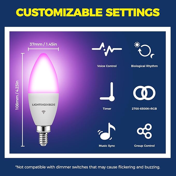 E12 Smart Light Bulbs 60W Equiv., Work with Alexa/Google Home/Smart Life, 500LM 6W RGBCW Candle Candelabra LED Light Bulbs, No Hub Required, 2.4G WiFi Bluetooth Bulb, ETL Listed, 1PC