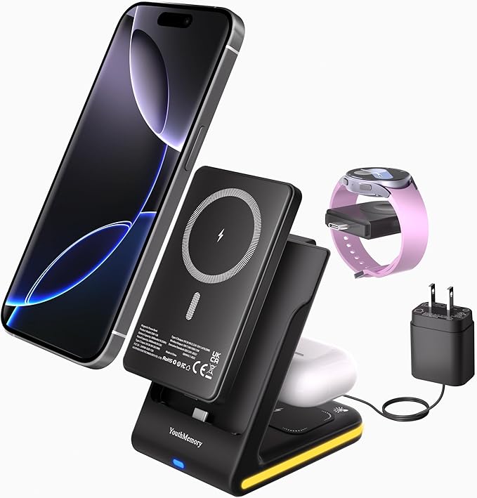 Wireless Charger 5 in 1 Magnetic Charging Station Stand with Portable Power Bank for Apple/Samsung Multiple Devices for Apple Watch 10-2,iPhone 16 15-12 Pro Max/Samsung Galaxy S25 Ultra S24-S8
