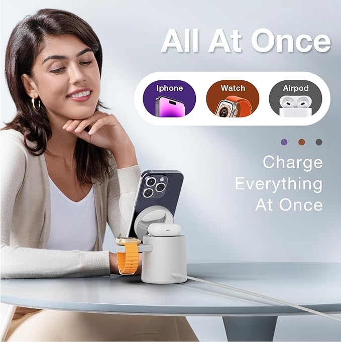 2025 Upgrade 3 in 1 Charging Station for Apple MagSafe Charger, Adjustable Portable Wireless Charging Stand, Fast Wireless Charger Dock for iPhone 16 15 14 13 12 Pro Max & Apple Watch AirPods (White)
