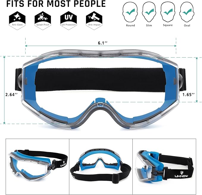 UKNOW Safety Goggles Over Glasses - Anti-Fog Clear Lens - ANSI Z87.1 Certified Eye Protection for Lab Work, Industrial Use