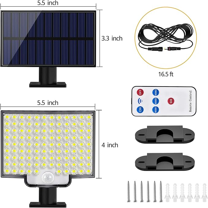 Solar Lights Outdoor, 106 LED 3000LM Solar Powered Motion Sensor Flood Lights with Remote, Dusk to Dawn Led Solar Security Wall Lights with 16.5Ft Cable IP65 Waterproof for Outside, Garage, 1 Pack