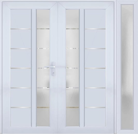 VDOMDOORS Front Exterior Prehung Metal-Plastic Double Doors/MANUX 8088 White Silk/Sidelite Exterior Window/Residential Doors Entrance Patio Garage 88 x 80