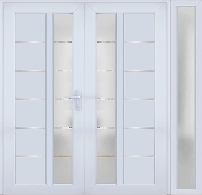 VDOMDOORS Front Exterior Prehung Metal-Plastic Double Doors/MANUX 8088 White Silk/Sidelite Exterior Window/Residential Doors Entrance Patio Garage 86 x 80