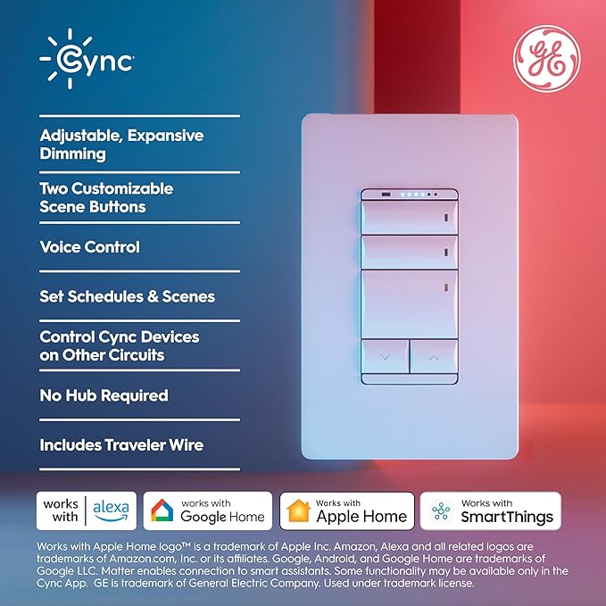 GE Cync Keypad Dimmer Smart Switch, Highly Customizable Dimmer Switch, Compatible with Alexa and Google Home, Matter Compatible, Easy to Install Smart Light Switch (1 Pack)