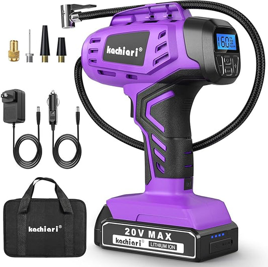 Tire Inflator Portable Air Compressor, 20V Cordless Car Tire Pump, Rechargeable Battery Powered Air Compressor w/12V DC Adapter Purple