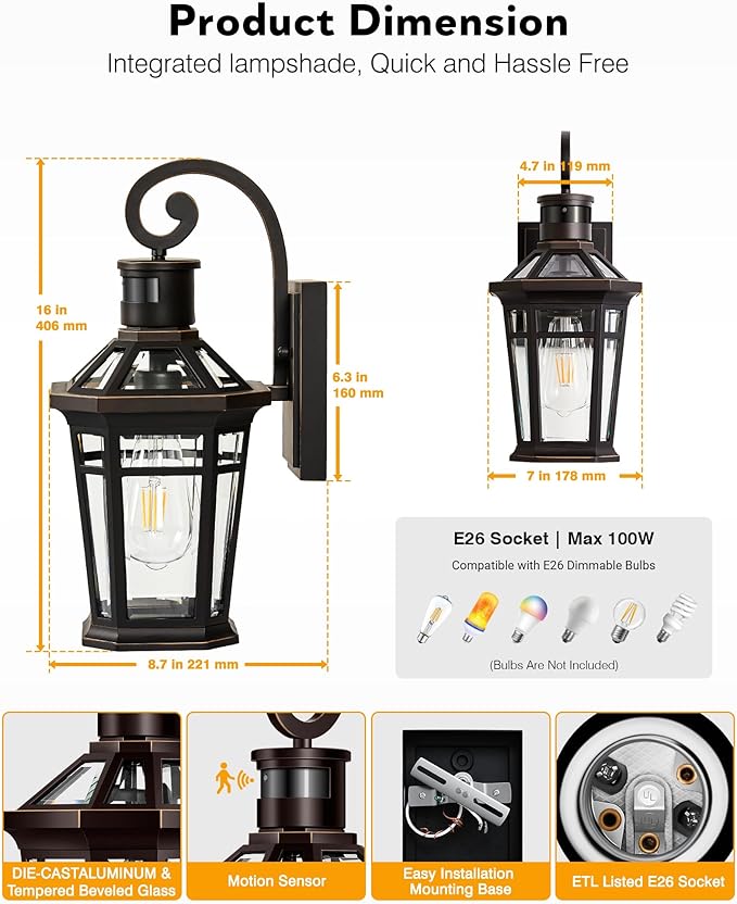 Motion Sensor Porch Lights Outdoor Wall Mount, Oil Rubbed Bronze Exterior Wall Sconce Lantern with E26 Socket, Waterproof Dusk to Dawn Outdoor Lighting Fixtures, Coach Lights for Garage, Patio