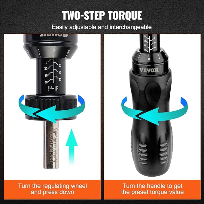 VEVOR Torque Screwdriver, 1/4" Drive Screwdriver Torque Wrench with Scale, 10-70 in/lbs Torque Range, 1 in-lbs Torque Increment, with Bits & Case