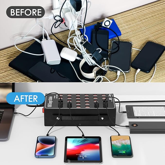 USB Charging Station for Multiple Devices, 300W 60 Port Desktop Fast Charger Station with Intelligent Protection, Multi Ports USB Charger Block for Home School Hotel Office Shopping Malls