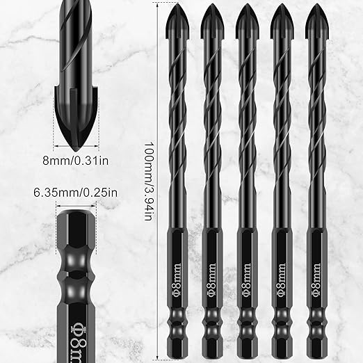 10Pcs Concrete Drill Bit Set 8mm Alloy Masonry Drill Bit Set Stable Carbide Tipped Tile Drill Bit Cross Head 1/4 Hex Shank Drilling Hole Bit for Concrete Cement Brick Wood (8mm 10pcs)